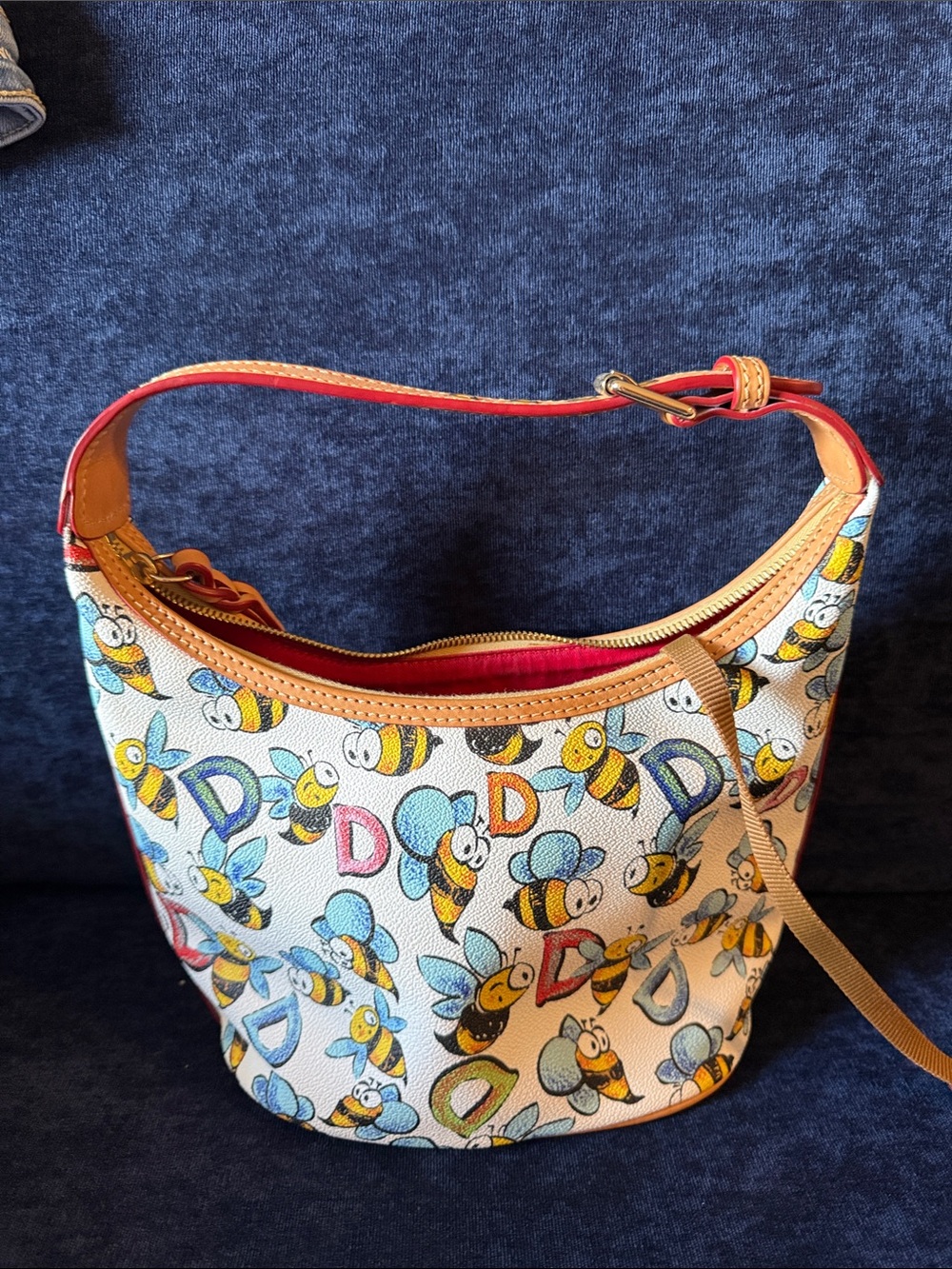 Dooney & Bourke Cream Bee & Floral Print Bag with Blue and Green Accents